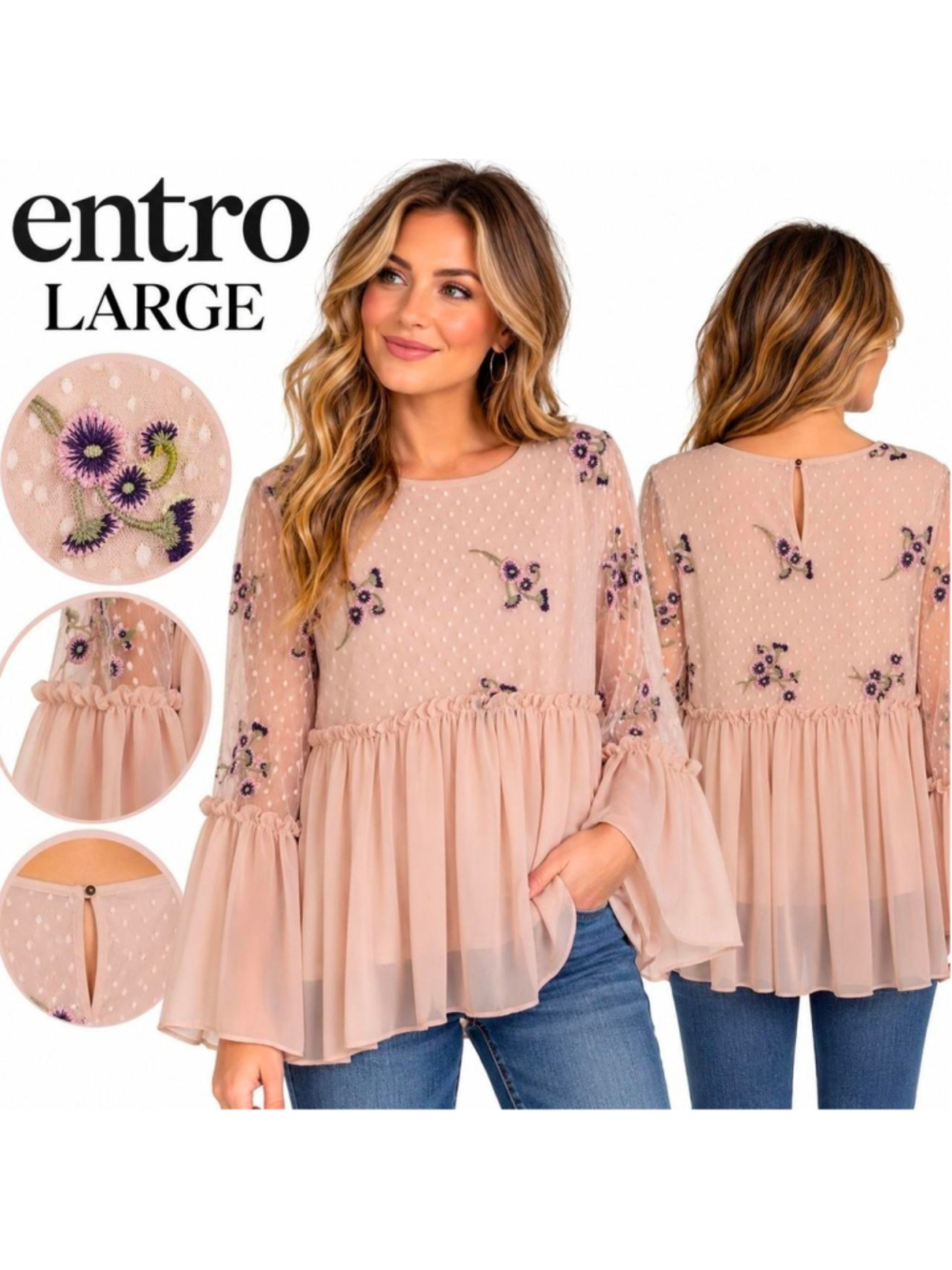 Entro Large Blush Pink Embroidered Floral Swiss Dot Mesh Bell Sleeve Blouse
